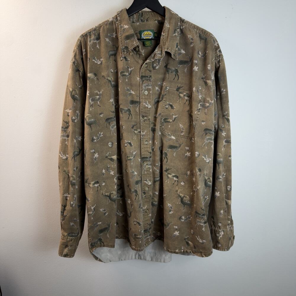 Cabela's Deer Print Shirt Adult XL Tall Brown Outdoor Nature Scenic Hunting